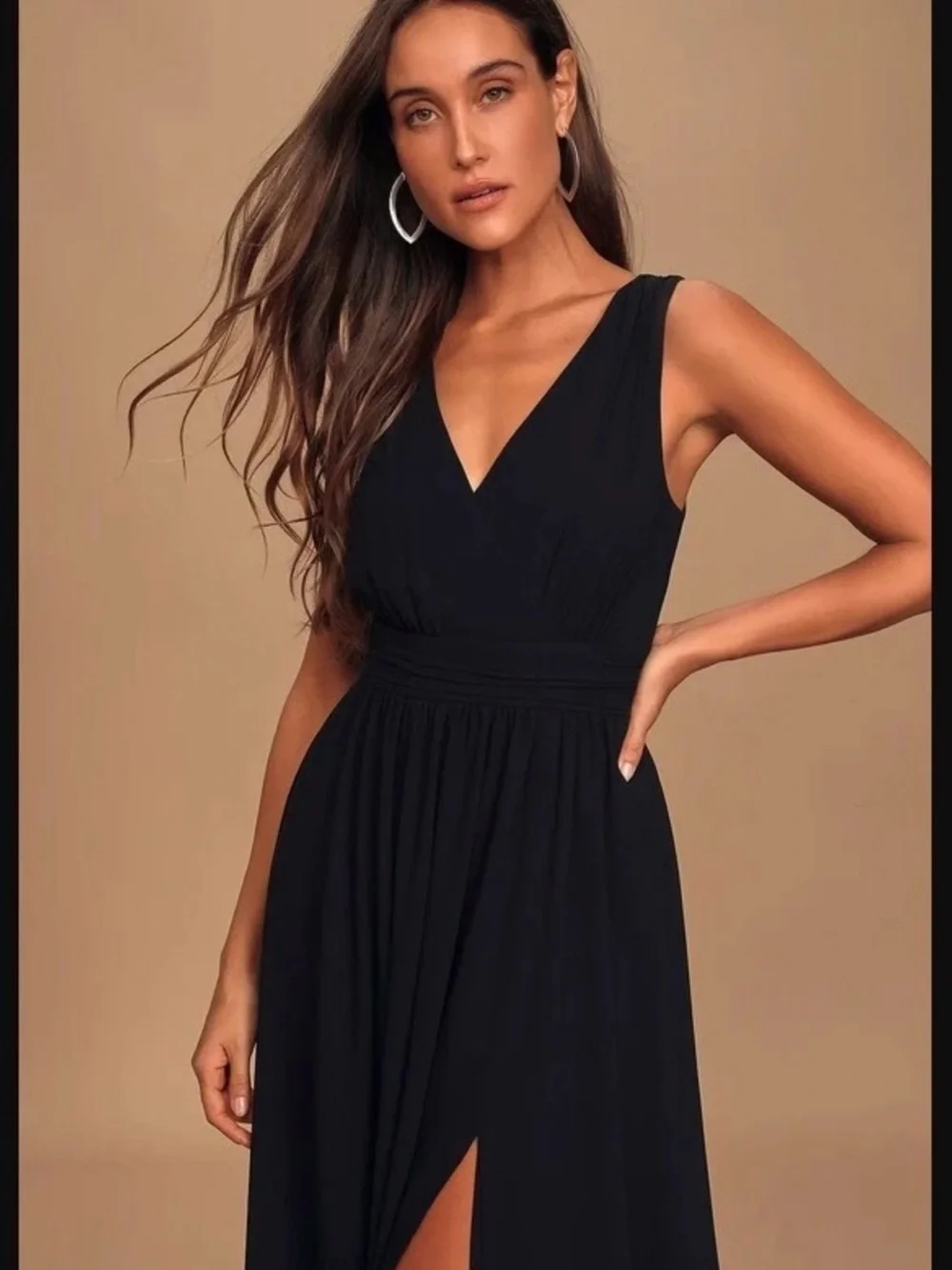 Lulu's Elegant Black V-Neck Maxi Dress with Front Slit